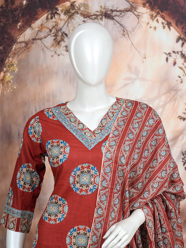 Maroon Ajrakh print cotton kurti set with blue medallion motifs, matching straight pants and printed dupatta