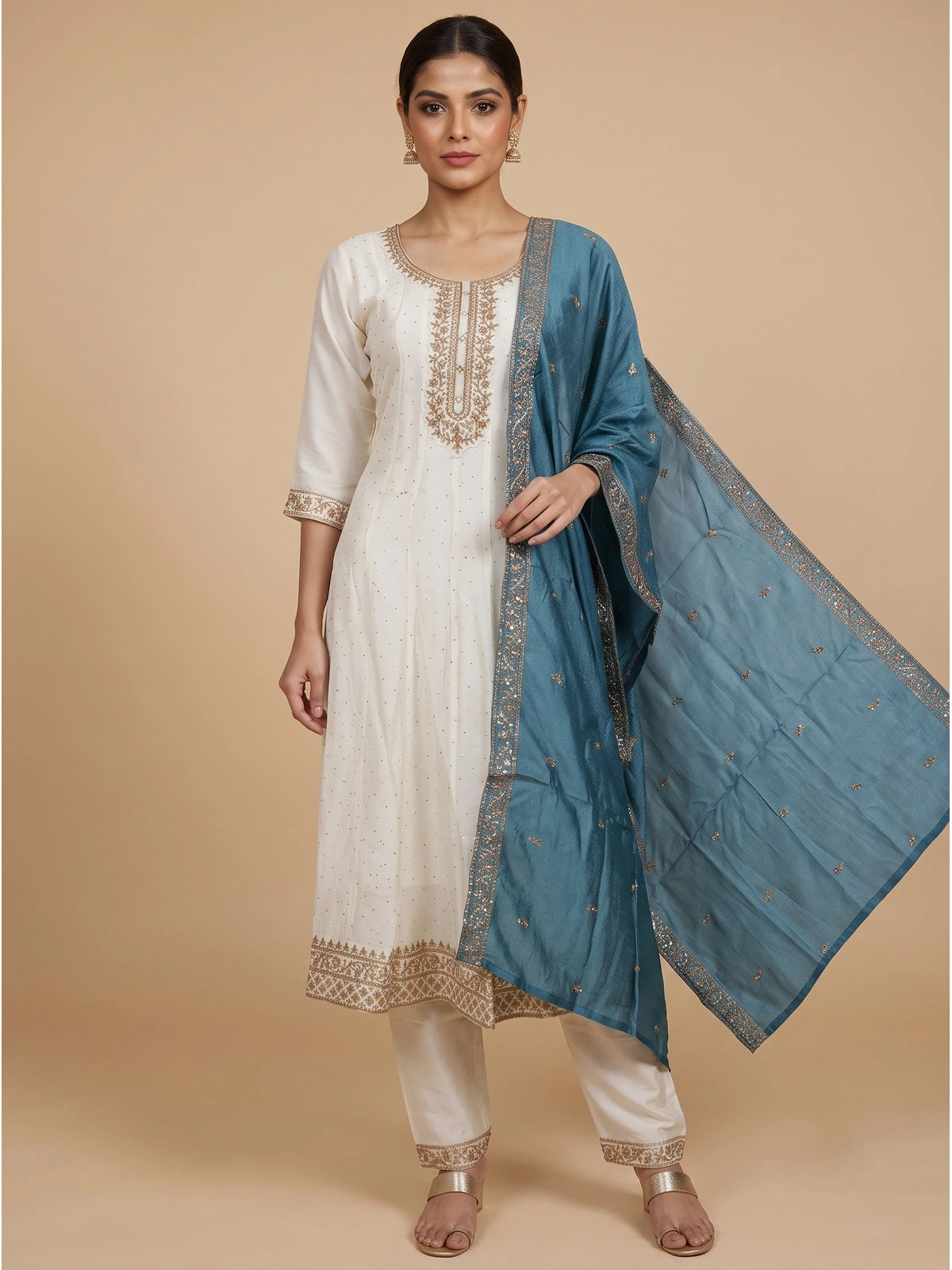 Off-White cream kurti set with gold zari embroidery and contrasting teal blue dupatta