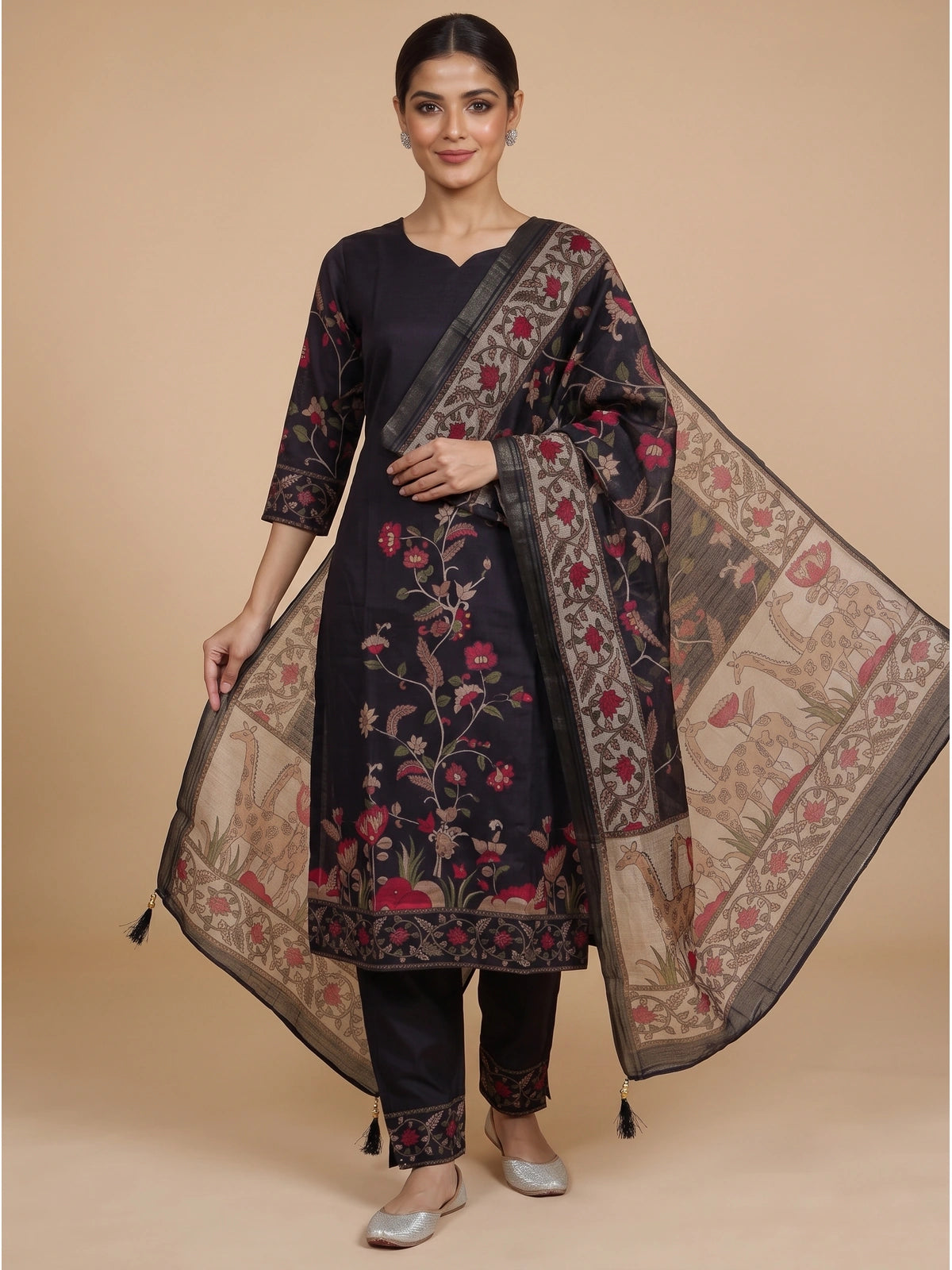Black floral cotton kurti set with straight pants and Kalamkari print dupatta