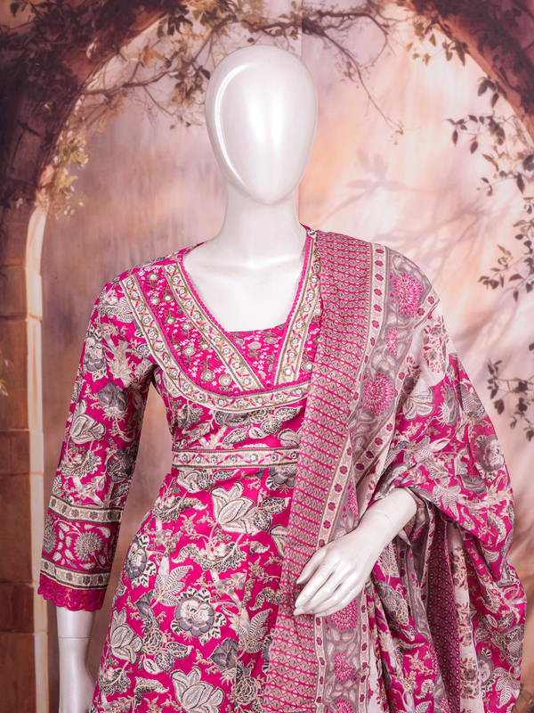 Pink floral cotton kurti set with embroidered yoke, matching pants and printed dupatta