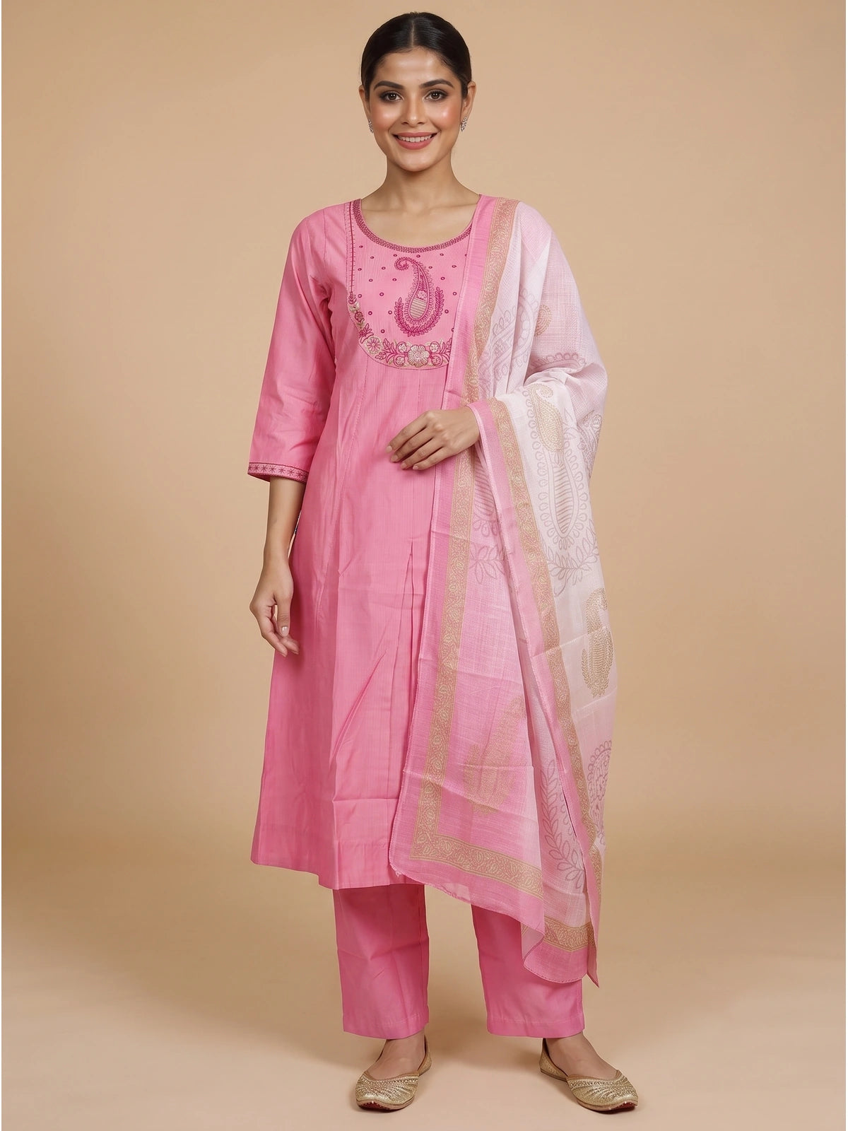 Pink embroidered cotton kurti set with paisley yoke and printed dupatta