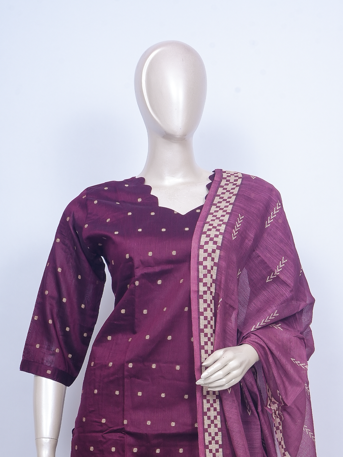 Wine purple woven buti cotton silk kurti set with beige pants and contrast border dupatta