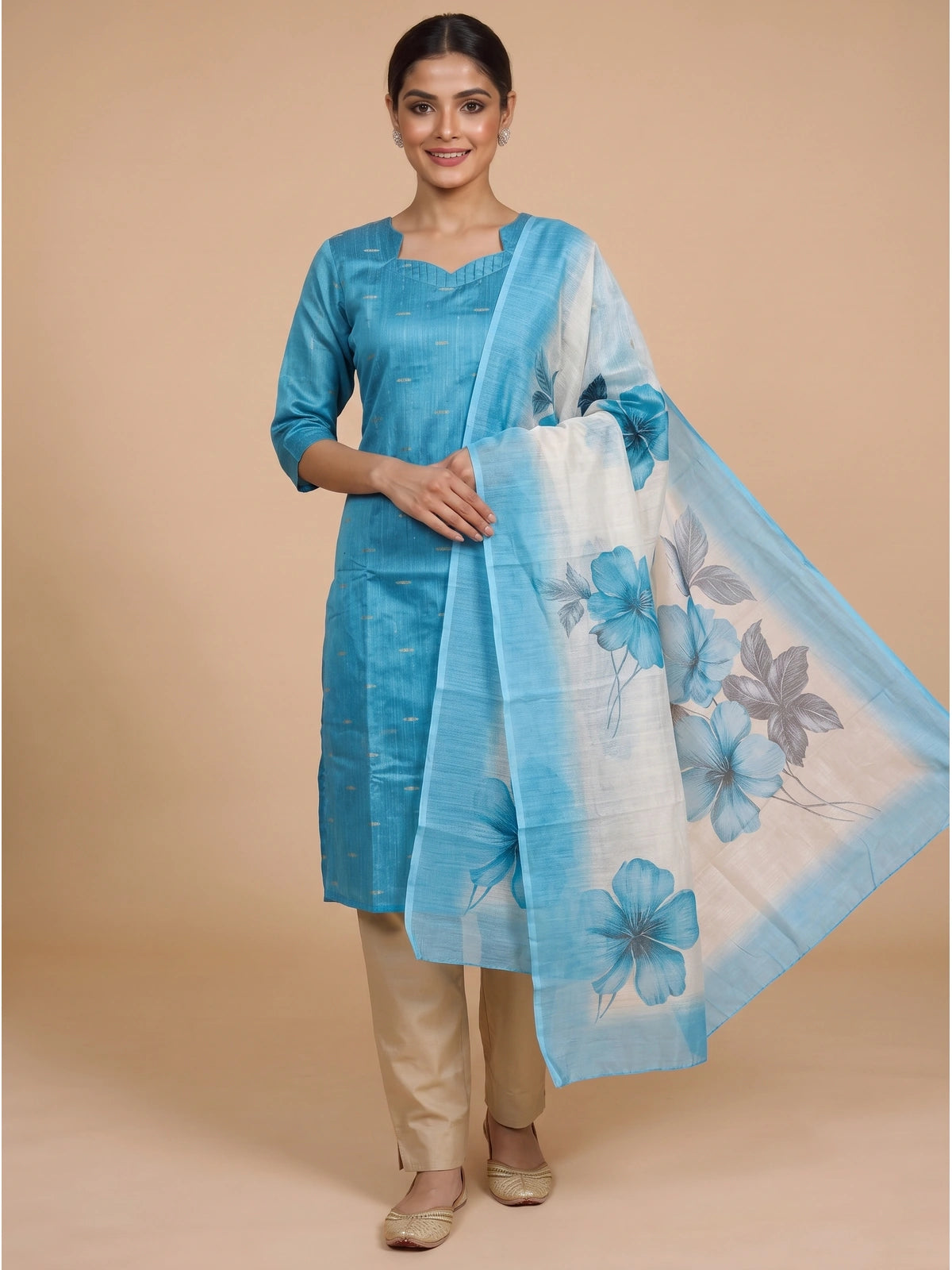 Sky blue straight kurti set with beige pants and cream floral printed dupatta