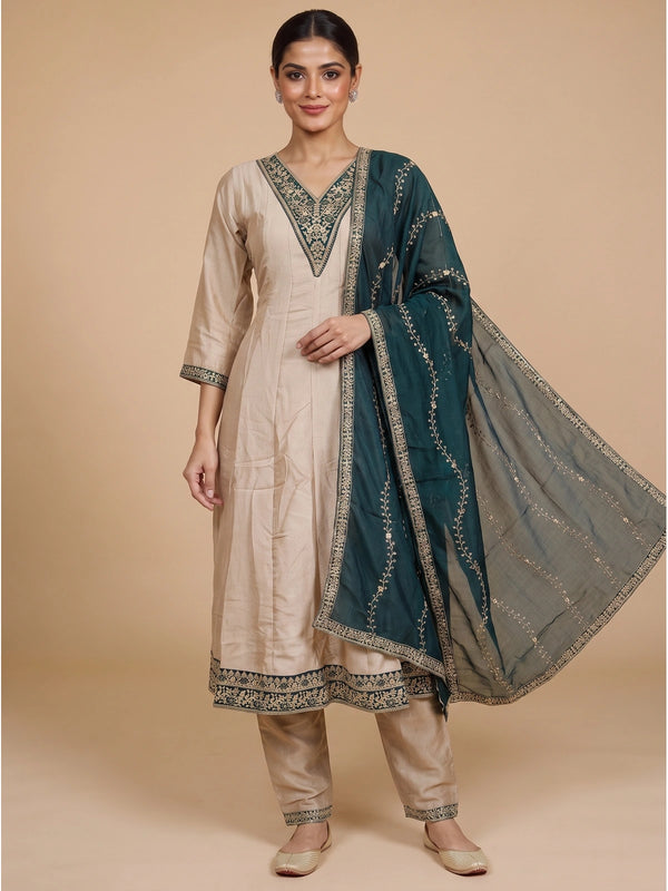 Beige embroidered silk blend kurti set with straight pants and teal green zari embroidered dupatta