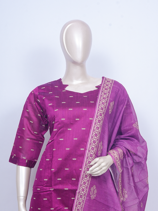 Magenta woven buti art silk ready made kurti set with matching dupatta and beige straight pants