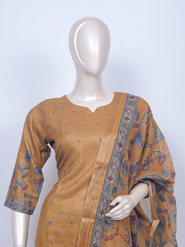 Mustard cotton silk Kalamkari printed ready made kurti set with straight pants and folk-art dupatta