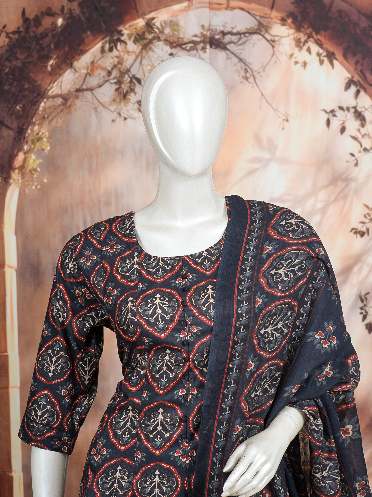 Navy Blue Ajrakh print cotton kurti set with matching printed dupatta and black straight pants