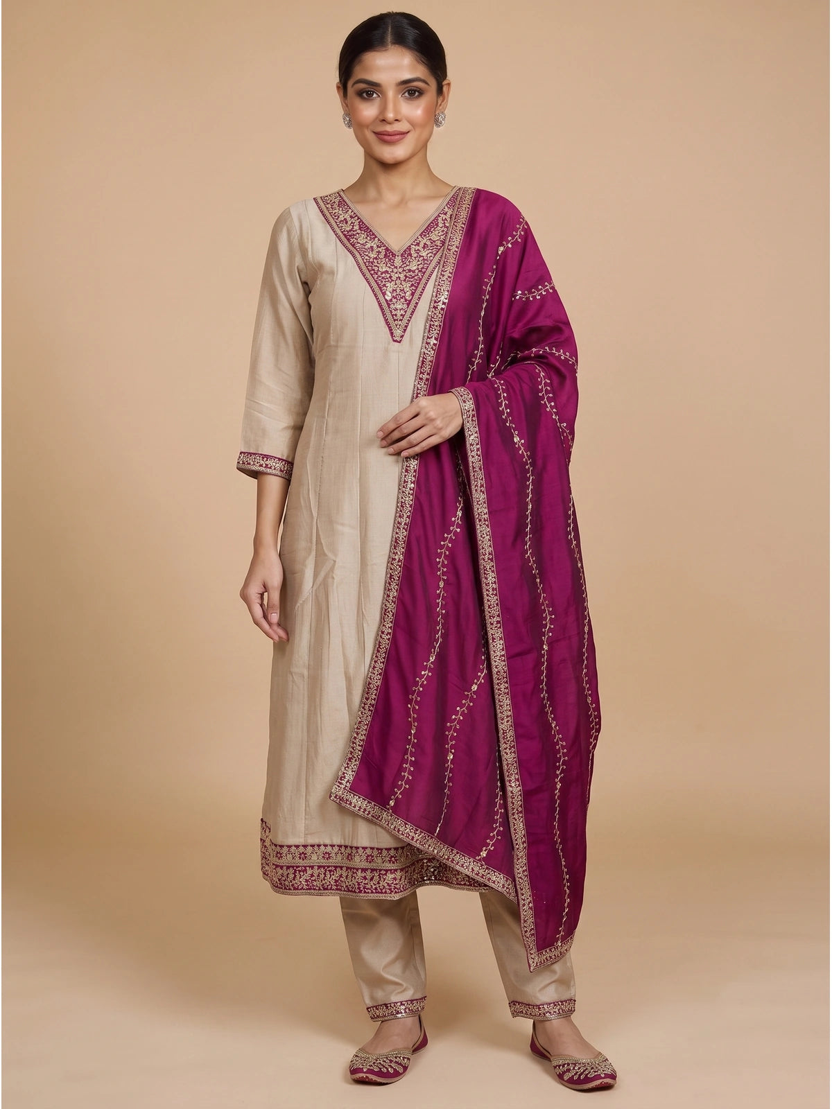 Beige straight-cut kurti set with zari embroidery and contrasting magenta embroidered dupatta