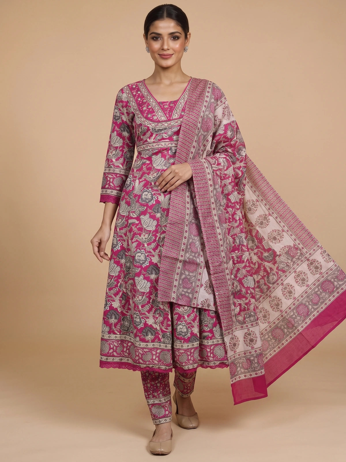 Pink floral cotton kurti set with embroidered yoke, matching pants and printed dupatta