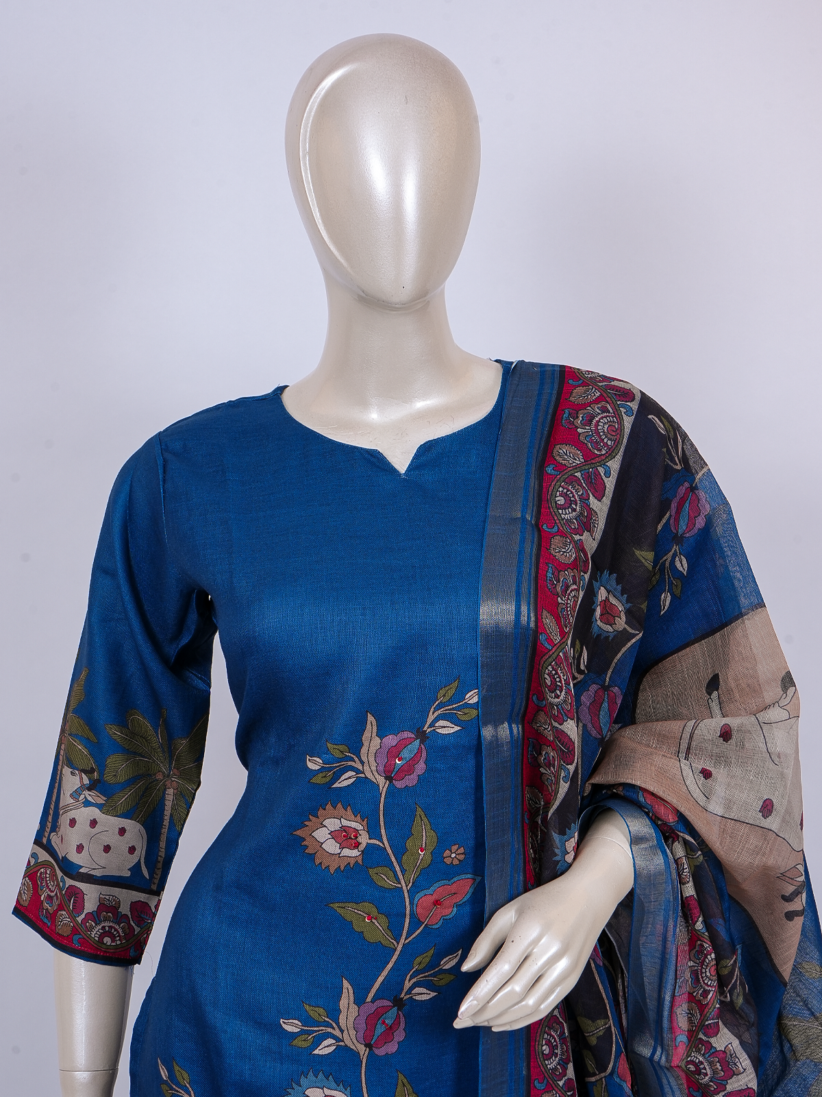 Blue Pichwai Kalamkari print ready made kurti set with pants and matching dupatta