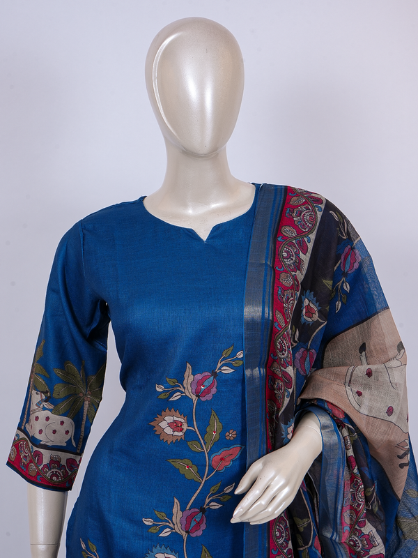Blue Pichwai Kalamkari print ready made kurti set with pants and matching dupatta