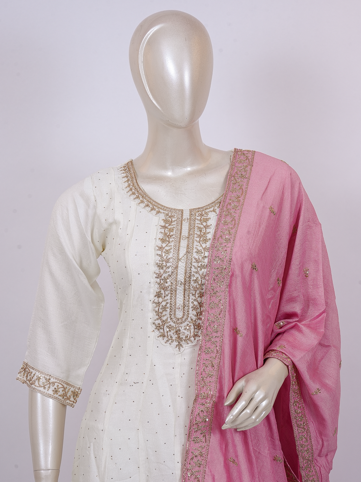 Off-white cream zari embroidered kurti set with pink embroidered dupatta and straight pants