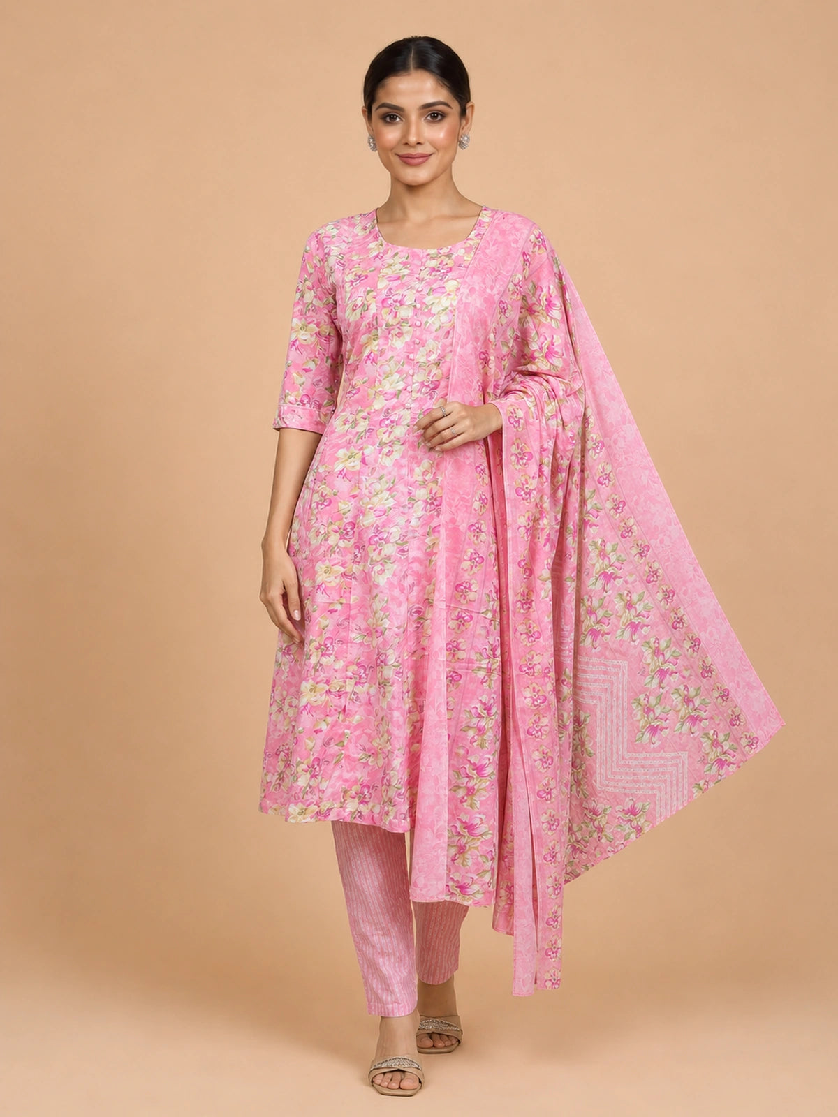 Pink floral cotton A-line kurti set with matching dupatta and striped pants