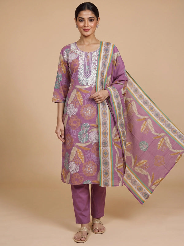 Mauve floral printed cotton kurti set with white embroidered yoke, straight pants and printed dupatta