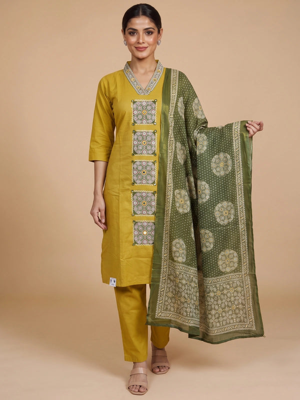 Mustard yellow cotton kurti set with mirror work embroidery and olive green printed dupatta