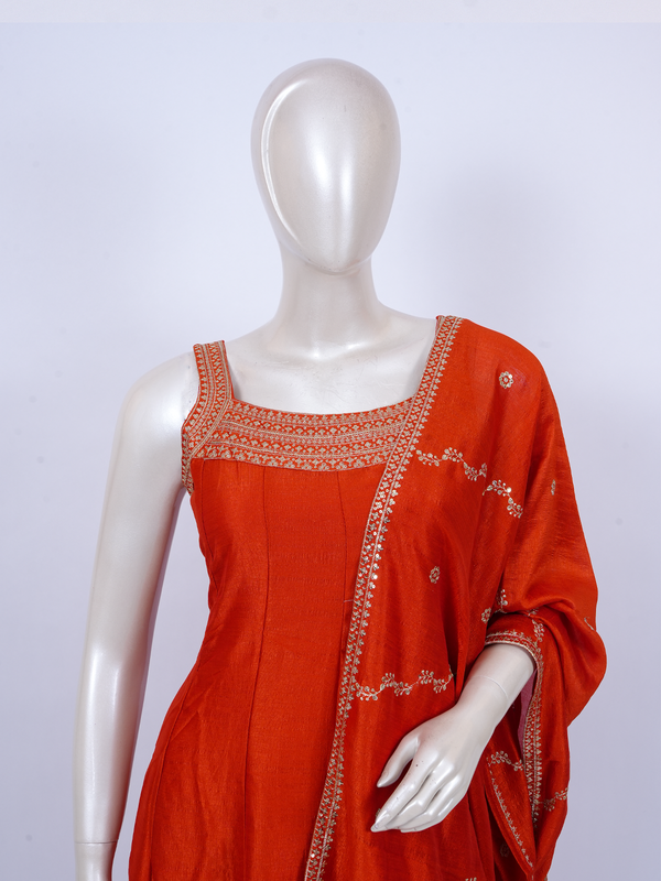 Orange embroidered art silk sleeveless kurti set with matching dupatta and straight pants