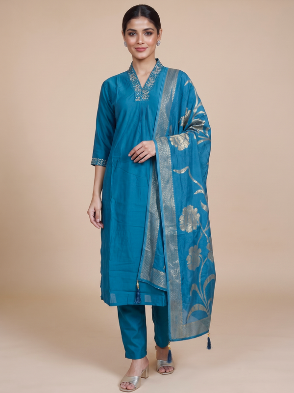 Teal blue art silk kurti set with embroidered neckline and gold zari floral dupatta