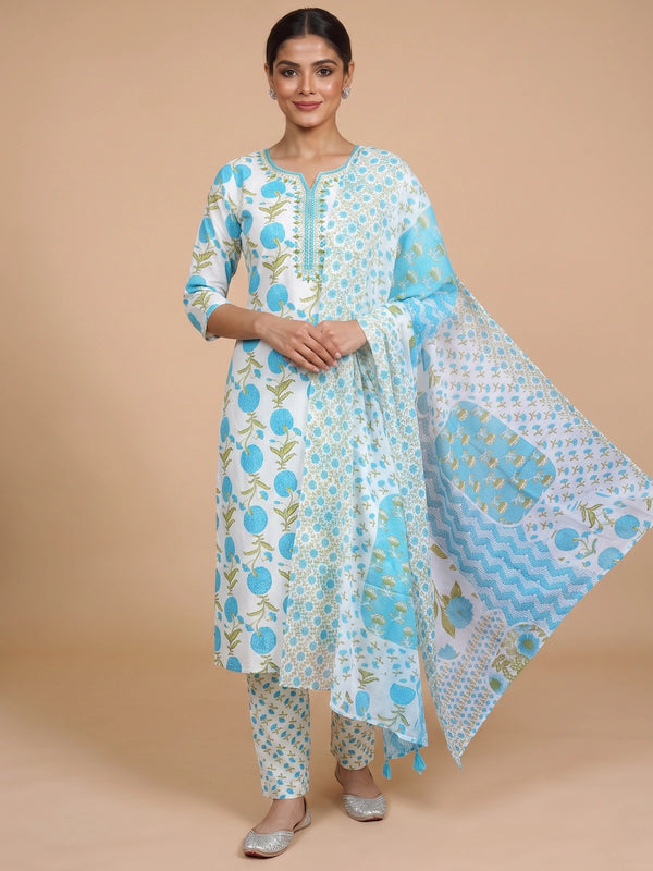 White and blue floral cotton kurti set with printed pants and dupatta