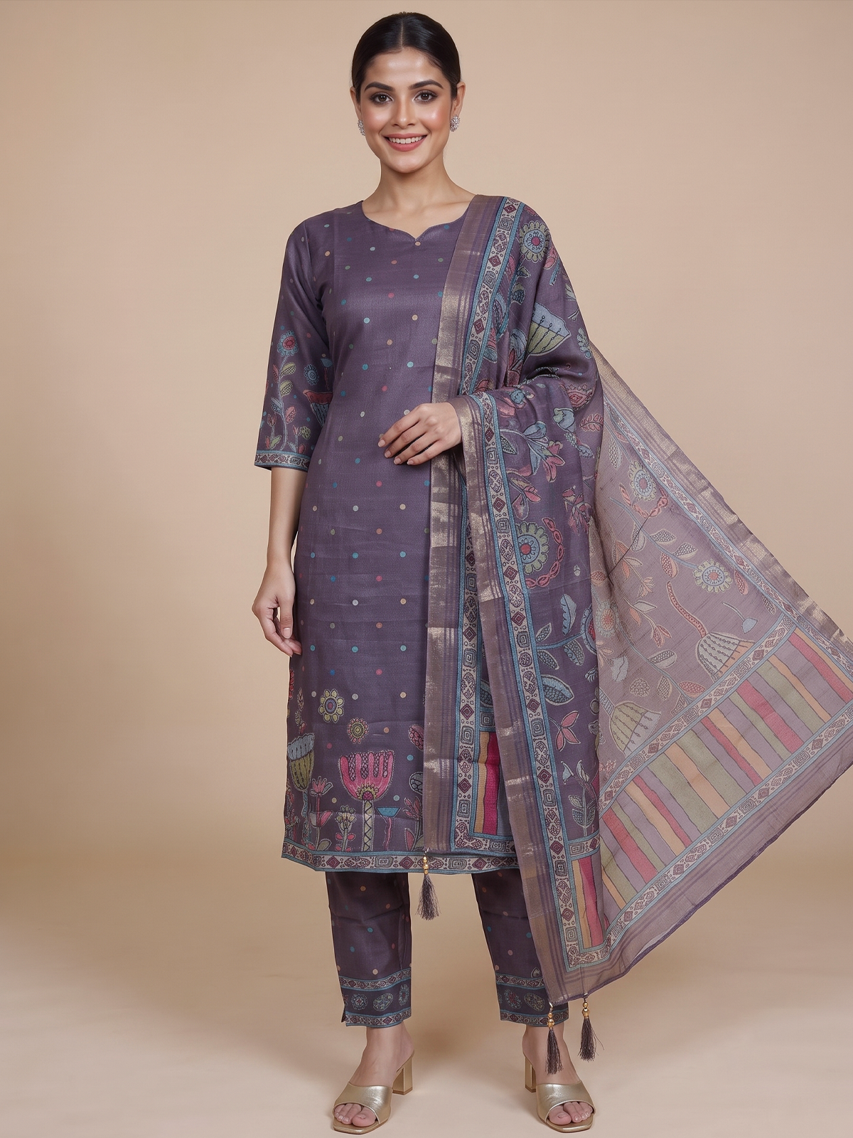Mauve Kalamkari print cotton silk kurti set with printed pants and zari border dupatta