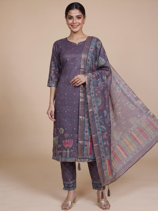 Mauve Kalamkari print cotton silk kurti set with printed pants and zari border dupatta