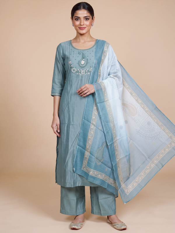 Dusty teal embroidered ready made kurti set with paisley yoke and printed dupatta