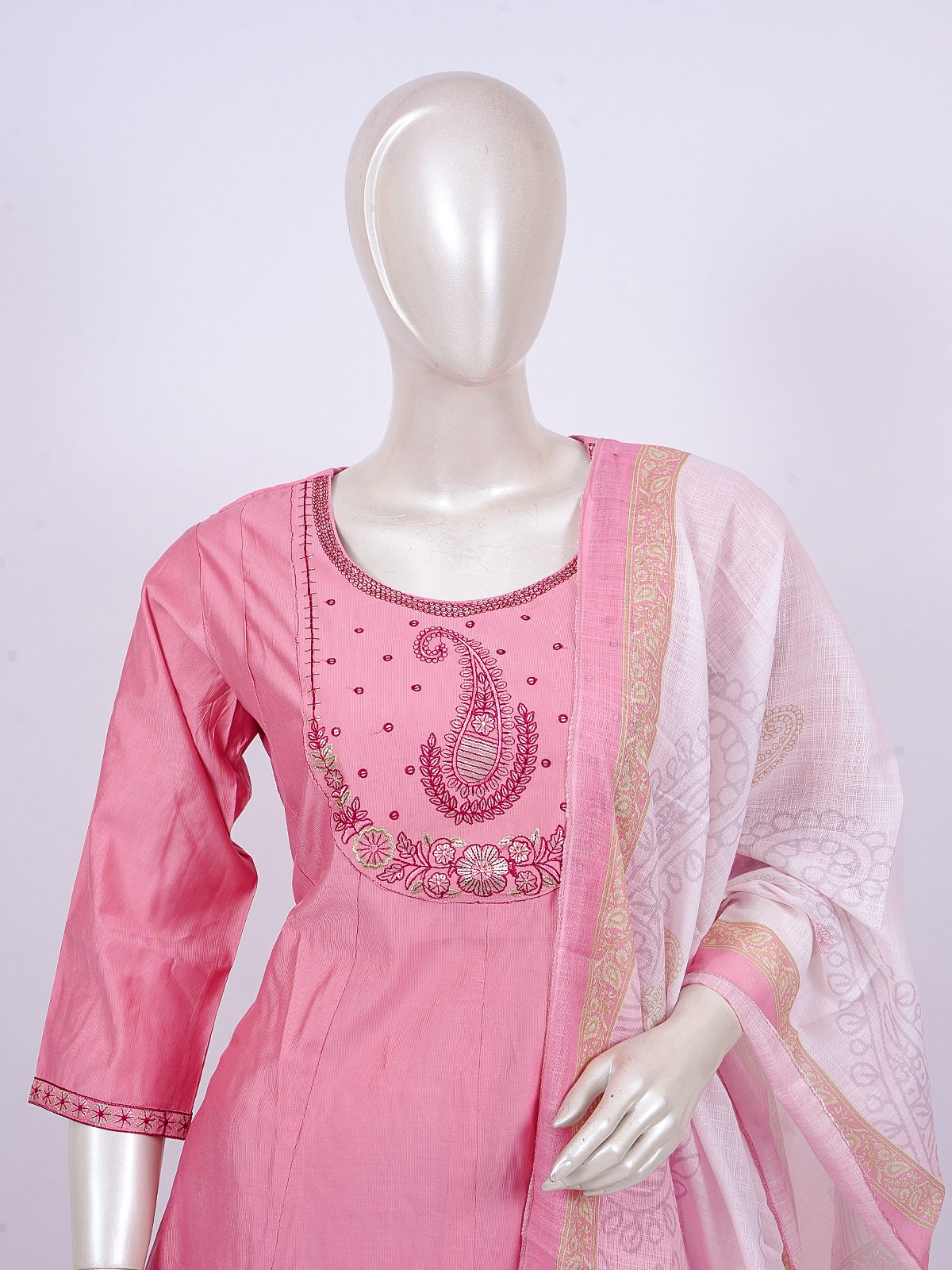 Pink embroidered cotton kurti set with paisley yoke and printed dupatta