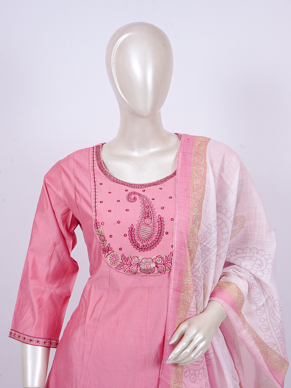 Pink embroidered cotton kurti set with paisley yoke and printed dupatta