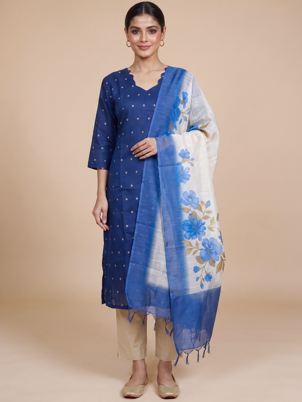 Navy blue zari butti kurti set with beige pants and cream blue floral print dupatta
