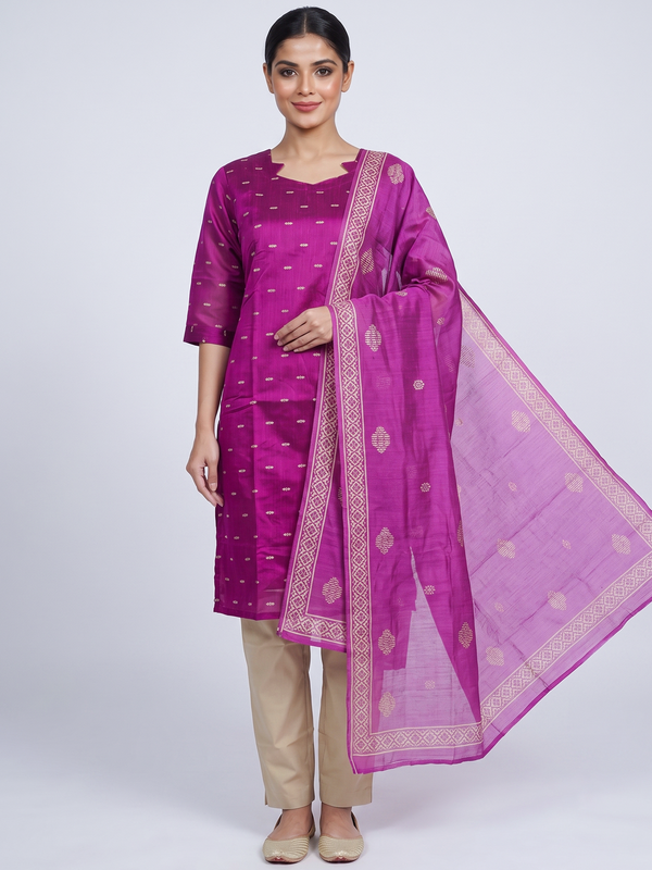 Magenta woven buti art silk ready made kurti set with matching dupatta and beige straight pants