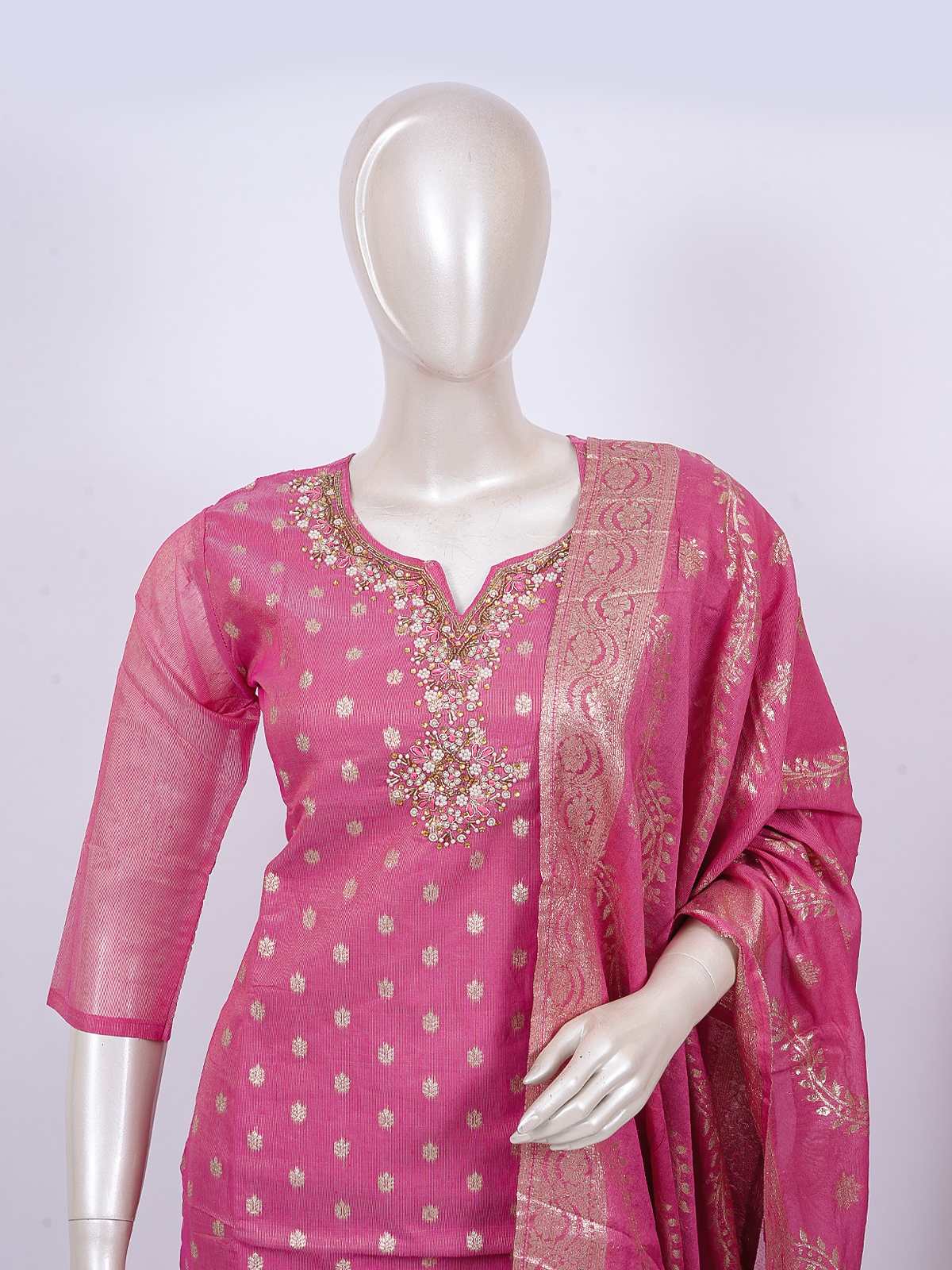 Pink zari woven Chanderi silk kurti set with embellished neckline and gold border dupatta