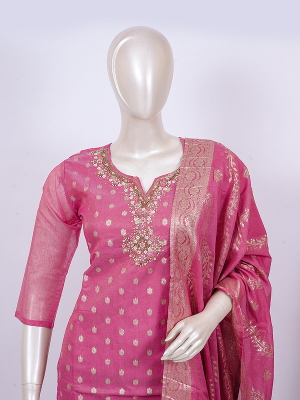Pink zari woven Chanderi silk kurti set with embellished neckline and gold border dupatta