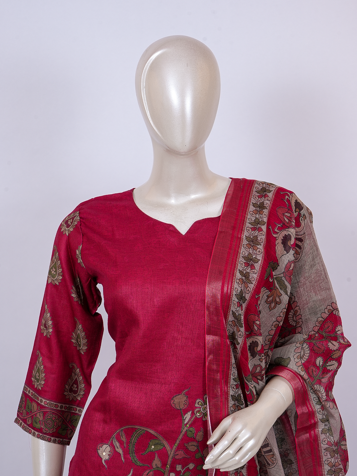 Rani Pink art silk kurti set with floral motifs and Kalamkari-print beige dupatta