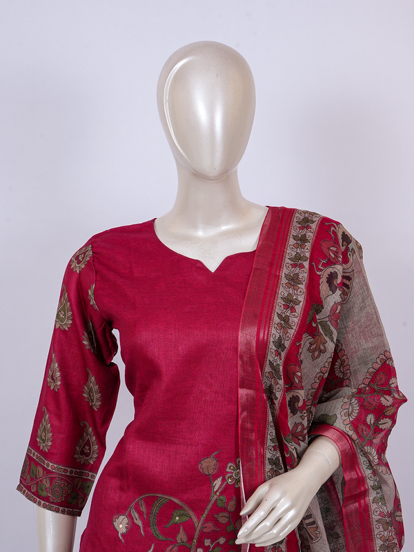 Rani Pink art silk kurti set with floral motifs and Kalamkari-print beige dupatta