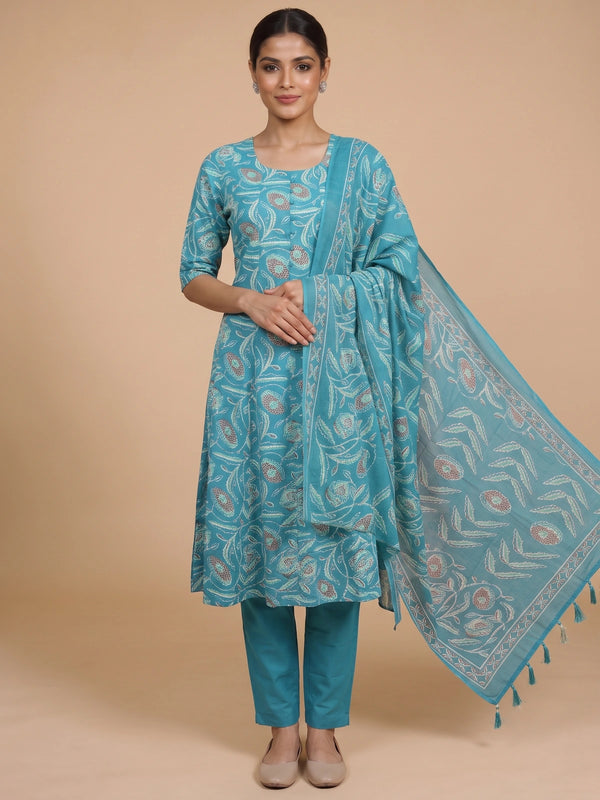 Teal floral printed cotton kurti set with straight pants and matching printed dupatta