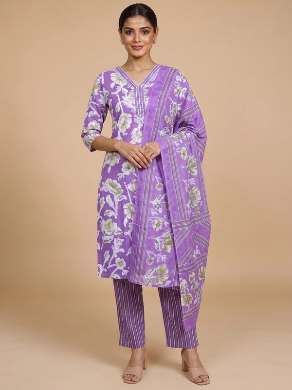 Purple floral cotton kurti set with mirror work neckline, striped pants and printed dupatta