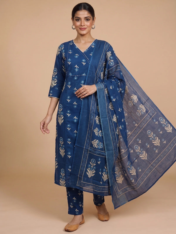 Indigo blue floral block print cotton kurti set with matching pants and printed border dupatta