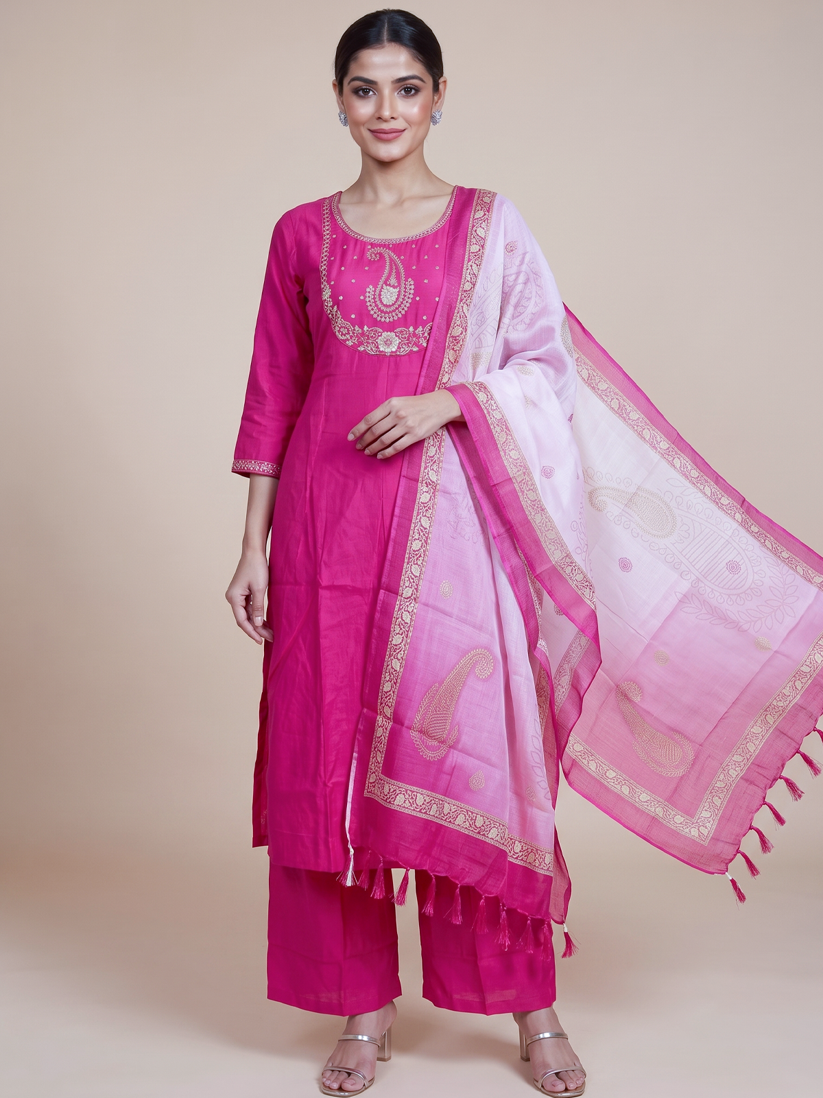 Rani pink embroidered kurti set with straight pants and ombre pink woven paisley dupatta