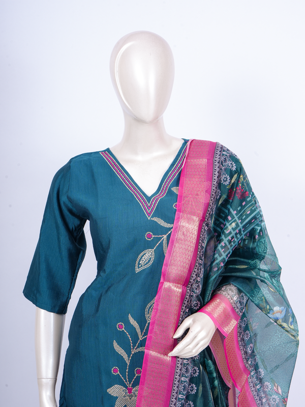 Teal blue embroidered kurti set with pink pants and floral organza dupatta