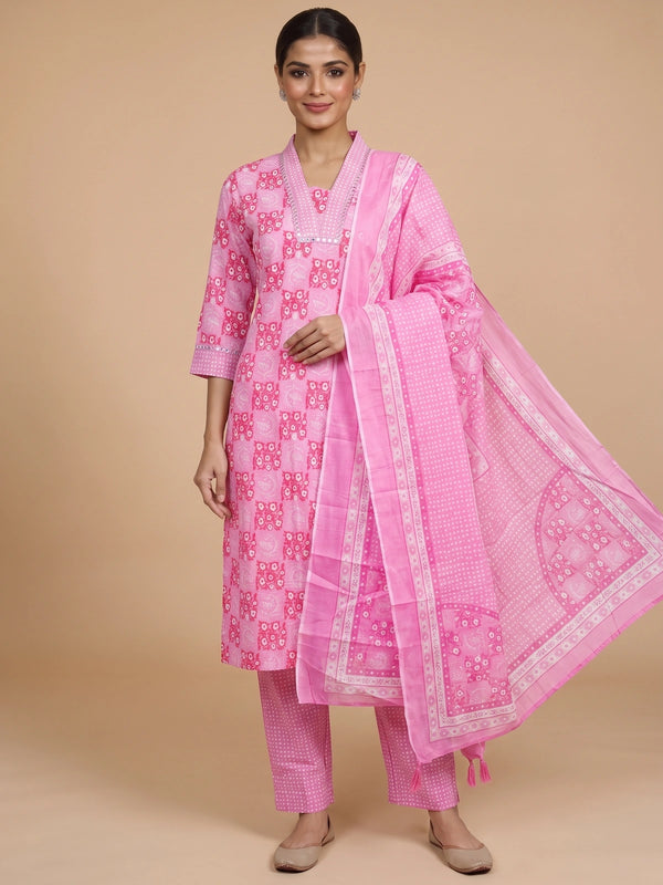 Pink floral print cotton kurti set with mirror-work neckline, straight pants, and matching printed dupatta