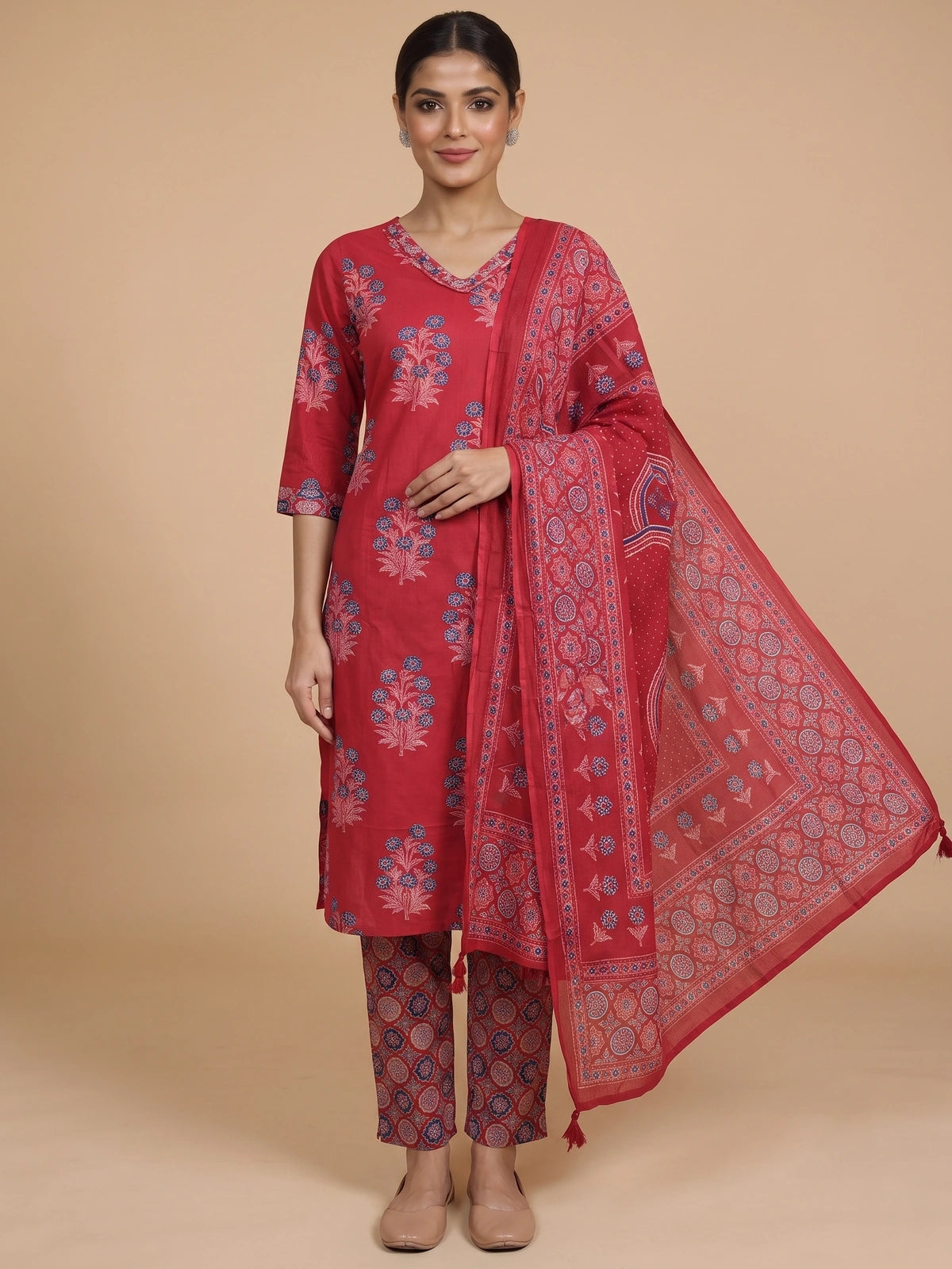 Red floral printed cotton kurti set with blue motifs, straight pants and Ajrakh-print dupatta