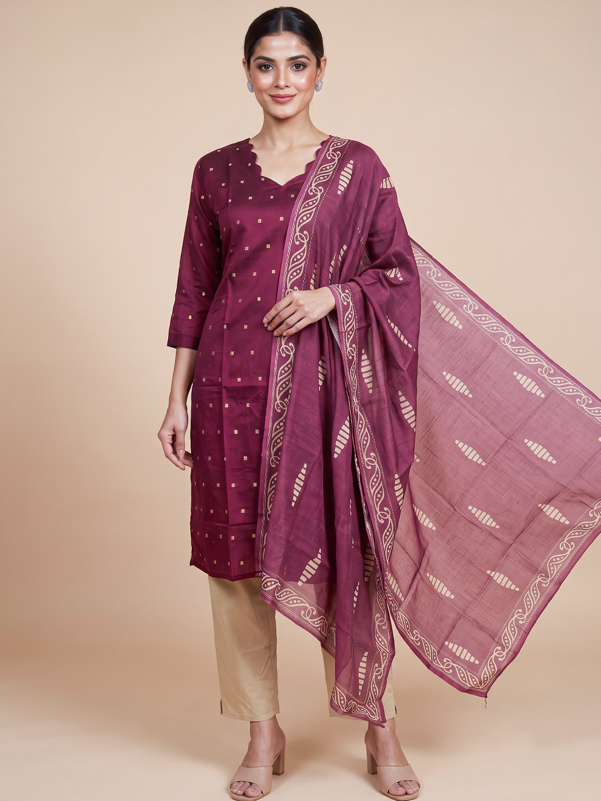 Wine buti woven kurti set with beige pants and printed ethnic dupatta