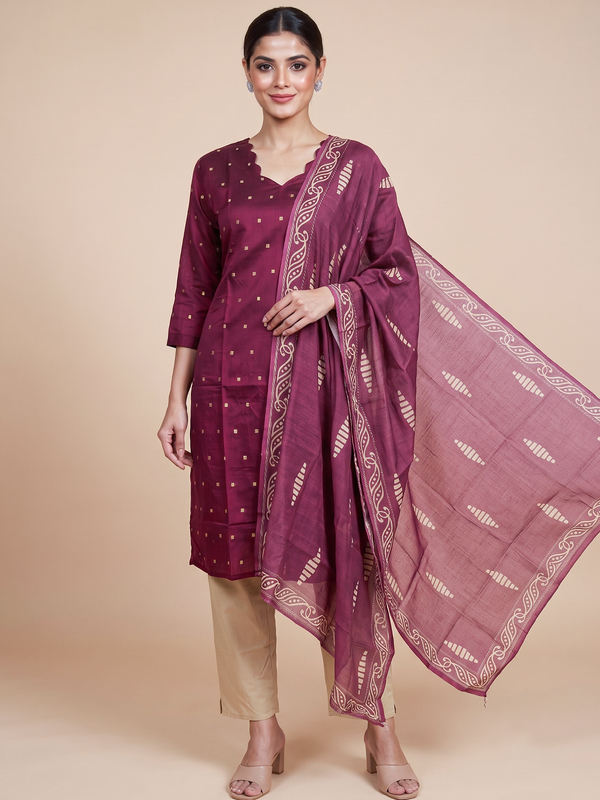 Wine buti woven kurti set with beige pants and printed ethnic dupatta