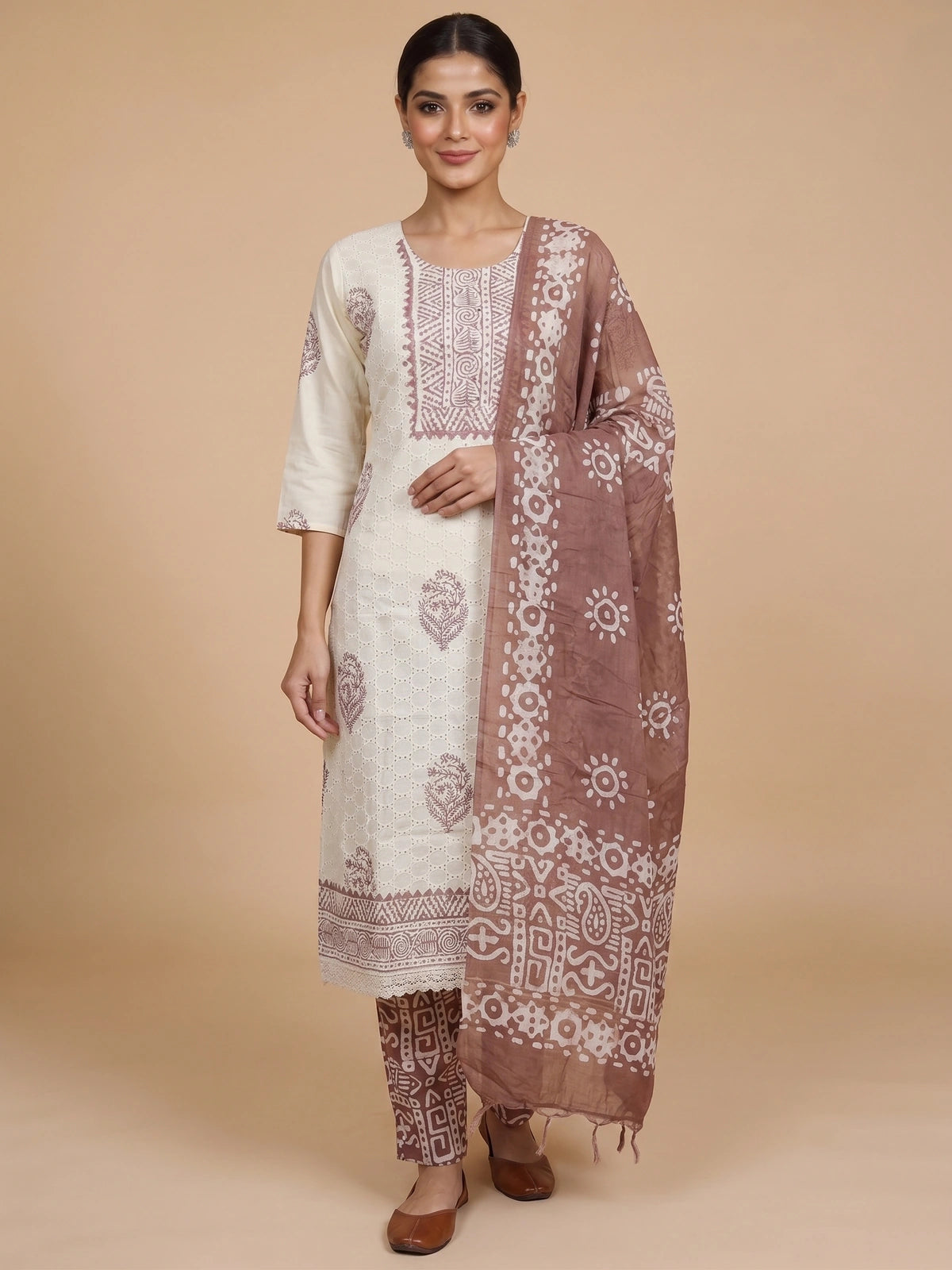 Cream schiffli cotton kurti set with brown batik-print dupatta and straight-fit pants