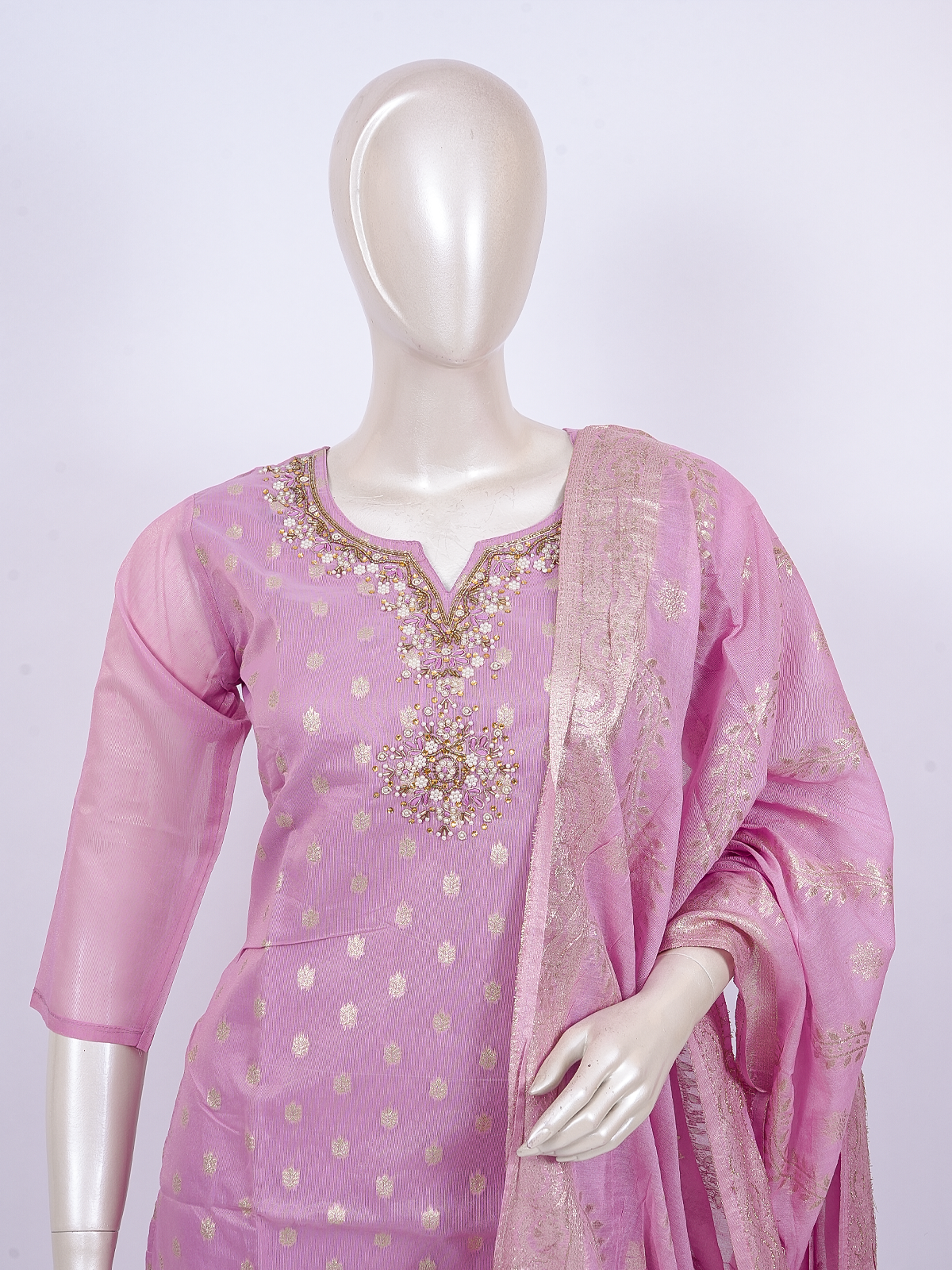Pink zari woven kurti set with embellished neckline, straight pants and matching gold-woven dupatta
