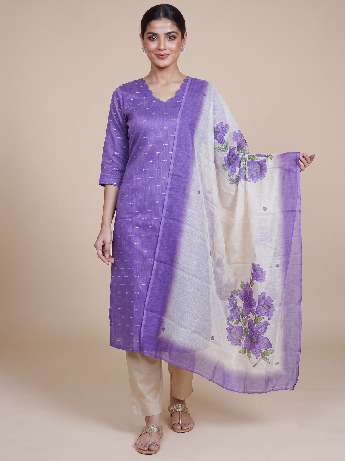 Purple zari buti kurti set with beige pants and floral hand-painted cream dupatta