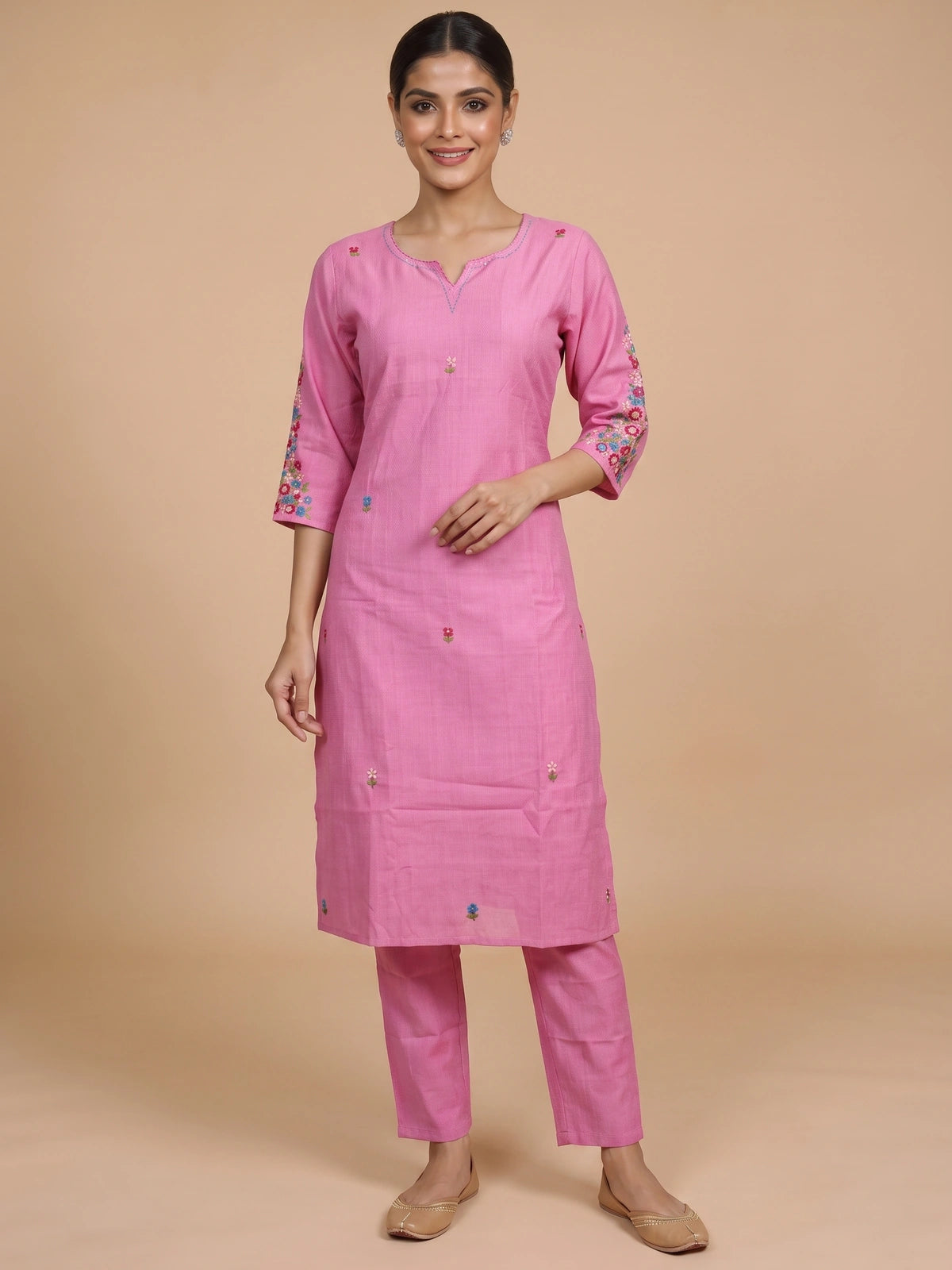 Pink floral embroidered cotton kurti set with matching straight-fit pants