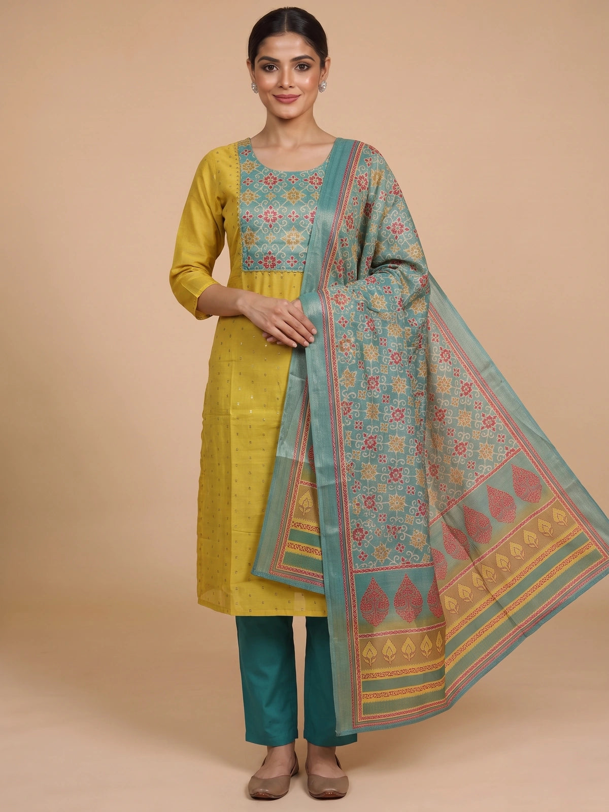 Yellow art silk kurti set with contrast teal printed yoke, teal straight pants and printed dupatta