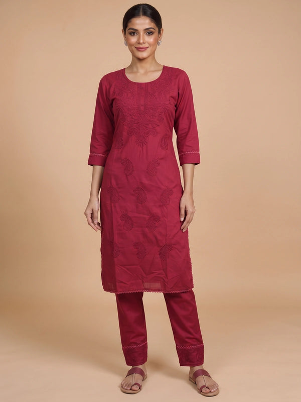 Rani Red embroidered cotton kurti set with matching straight pants