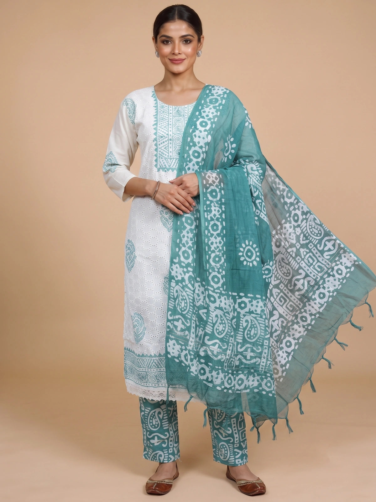 White schiffli cotton kurti set with teal batik dupatta and matching printed pants