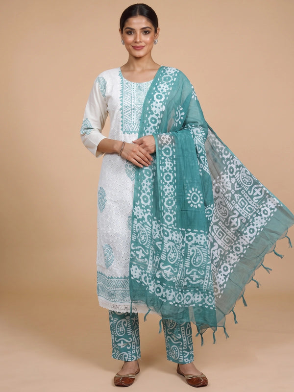White schiffli cotton kurti set with teal batik dupatta and matching printed pants